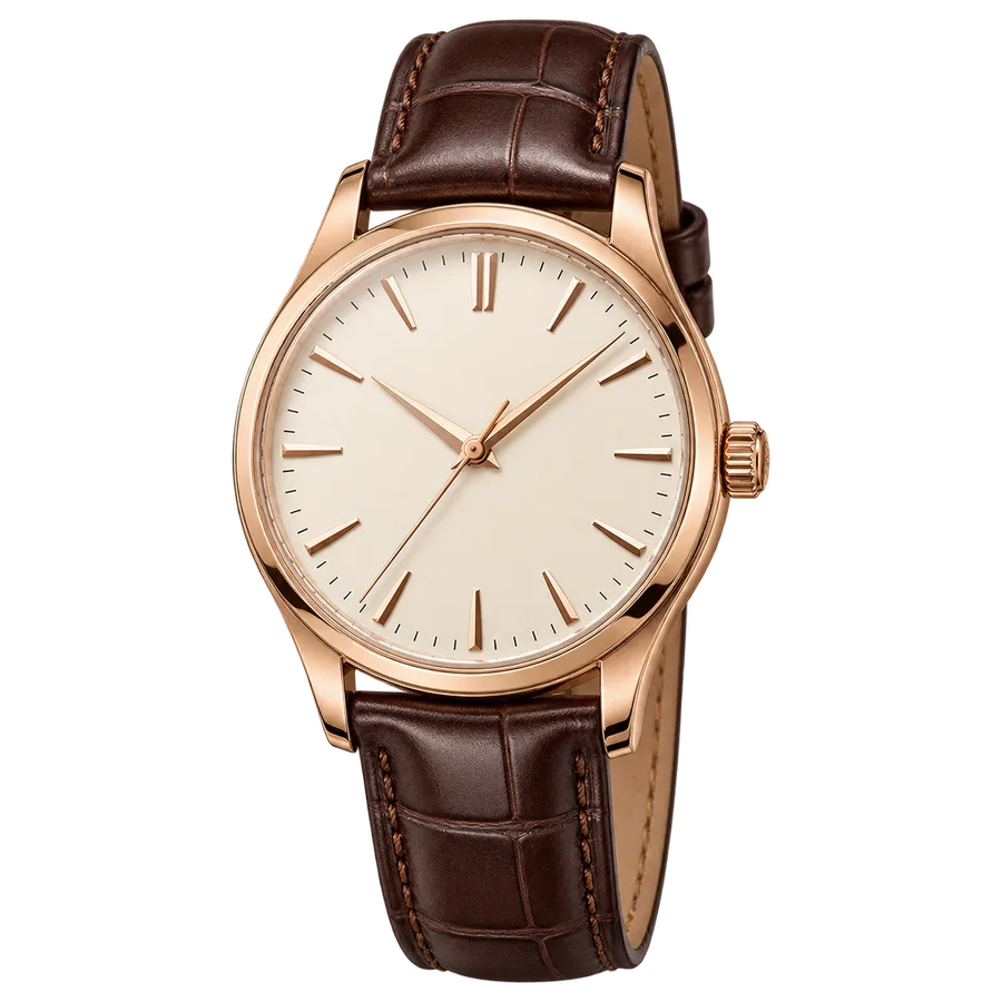 Representative illustration: light dial, gold-tone case and brown leather strap. Actual Audemars Piguet Jules Audemars Manual Wind 18 kt Rose Gold Unisex Watch 25955OR.OO.D002CR.01 may differ.
